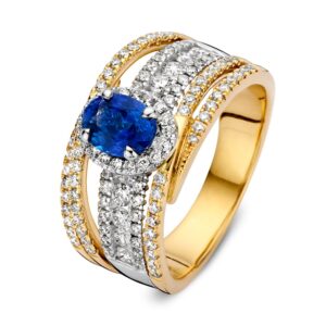 14 krt gouden Ring bicolor briljant + saffier
