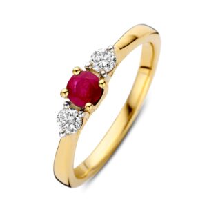 14 krt gouden Ring geelgoud briljant + robijn