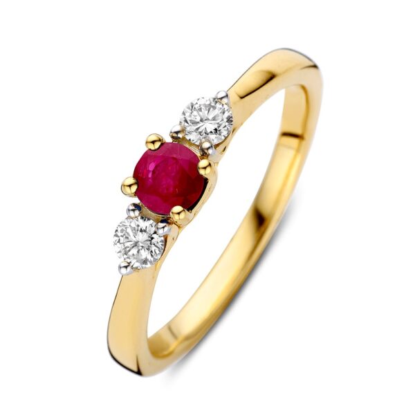 14 krt gouden Ring geelgoud briljant + robijn