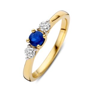 14 krt gouden Ring geelgoud briljant + saffier