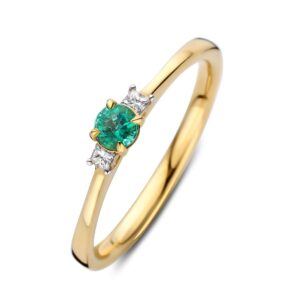 14 krt gouden Ring geelgoud diamant + smaragd