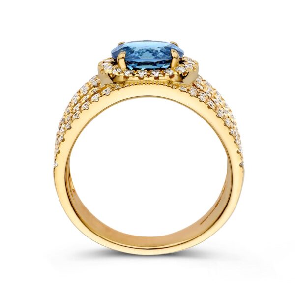 14 krt gouden Ring geelgoud London blue topaas + briljant - Afbeelding 2