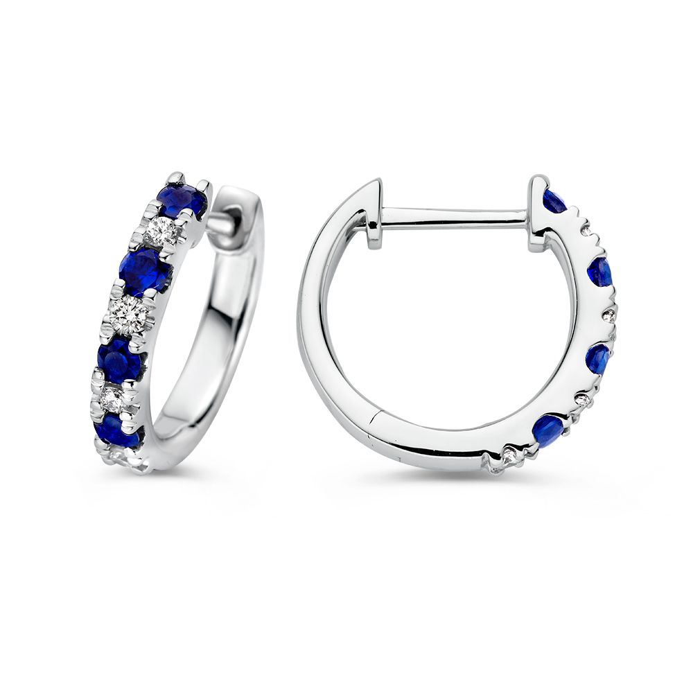 14 krt gouden Oorringen witgoud briljant+saffier - Afbeelding 2