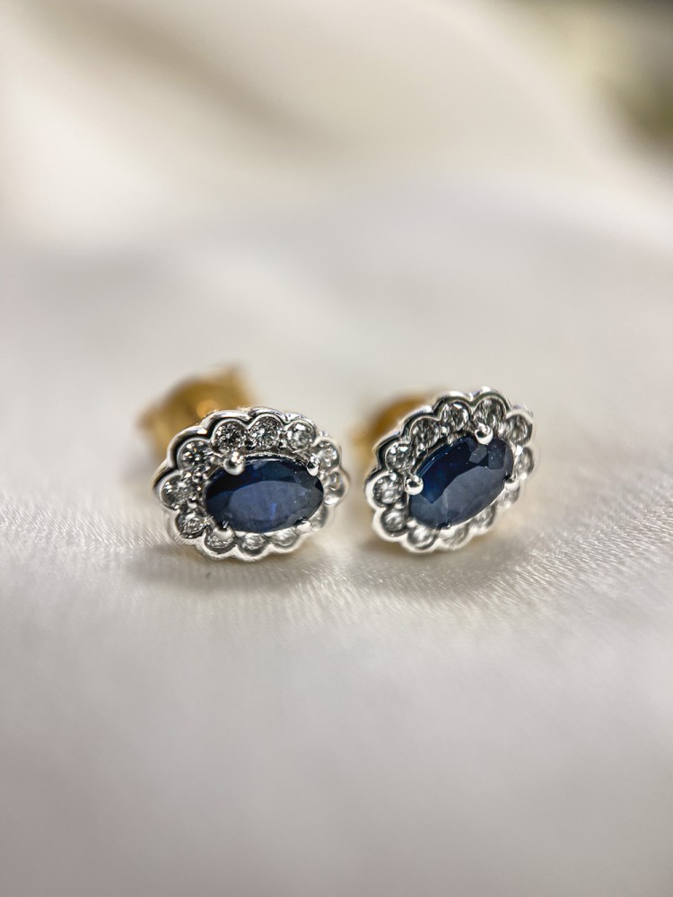 14 krt gouden Oorstekers bicolor briljant+saffier - Afbeelding 2