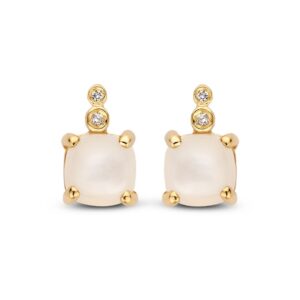 14 krt gouden Oorstekers geelgoud maansteen+briljant