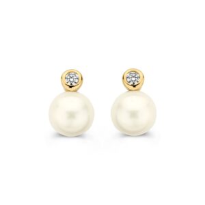 14 krt gouden Oorstekers geelgoud parel/zirkonia