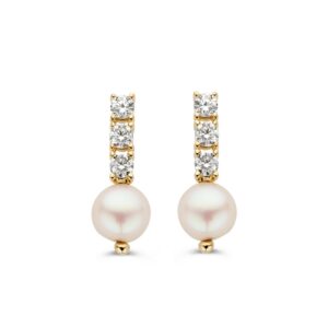 14 krt gouden Oorstekers geelgoud parel/zirkonia