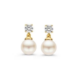 14 krt gouden Oorstekers geelgoud parel/zirkonia