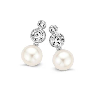 14 krt gouden Oorstekers witgoud zirkonia/parel