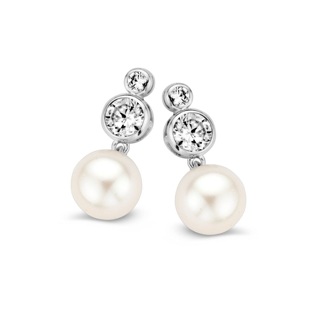 14 krt gouden Oorstekers witgoud zirkonia/parel