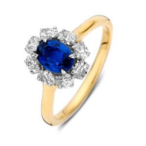 14 krt gouden Ring bicolor briljant + saffier