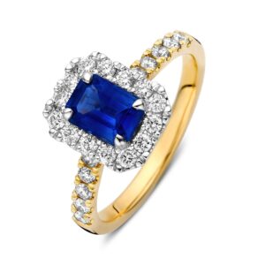 14 krt gouden Ring bicolor saffier + briljant