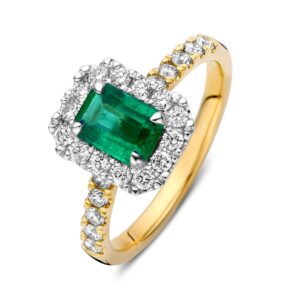 14 krt gouden Ring bicolor smaragd + briljant