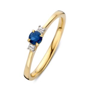 14 krt gouden Ring geelgoud briljant + saffier