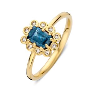 14 krt gouden Ring geelgoud briljant + saffier