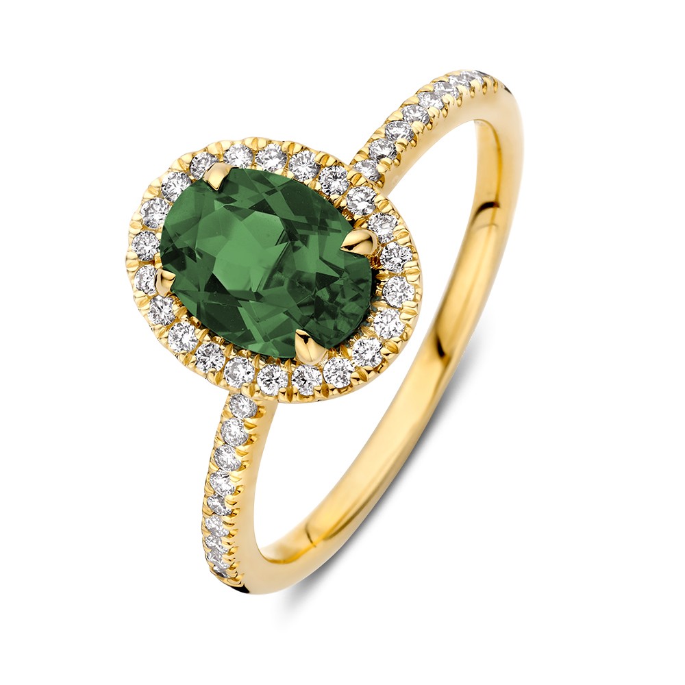14 krt gouden Ring geelgoud groene toermalijn + briljant