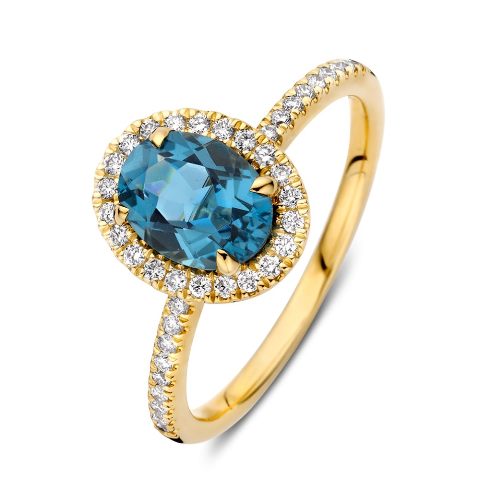 14 krt gouden Ring geelgoud london blue topaas + briljant