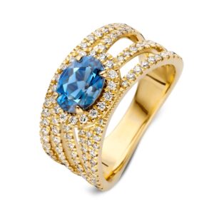 14 krt gouden Ring geelgoud London blue topaas + briljant