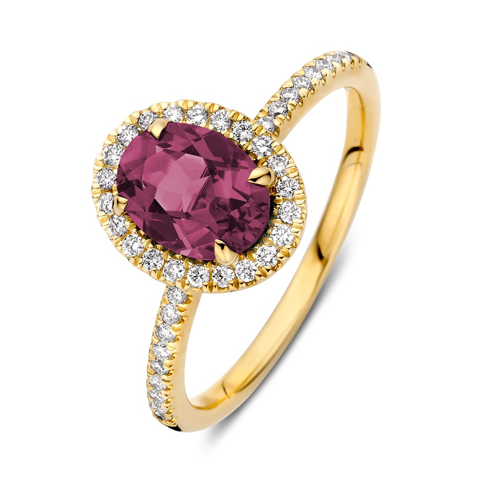 14 krt gouden Ring geelgoud roze toermalijn + briljant