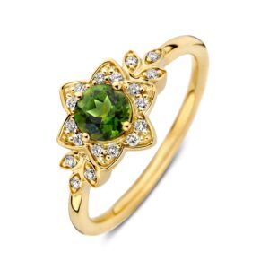 14 krt gouden Ring geelgoud groene toermalijn + briljant