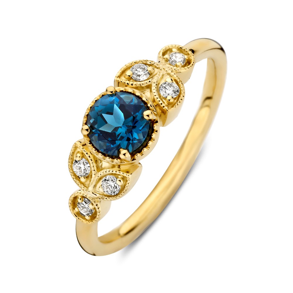 14 krt gouden Ring geelgoud london blue topaas + briljant