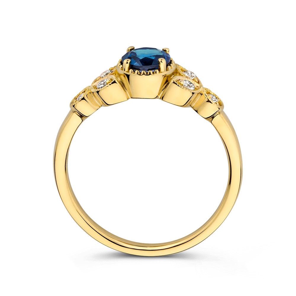 14 krt gouden Ring geelgoud london blue topaas + briljant - Afbeelding 2