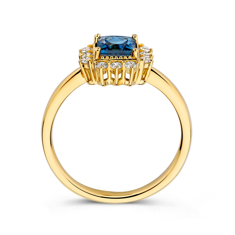 14 krt gouden Ring geelgoud london blue topaas + briljant - Afbeelding 2