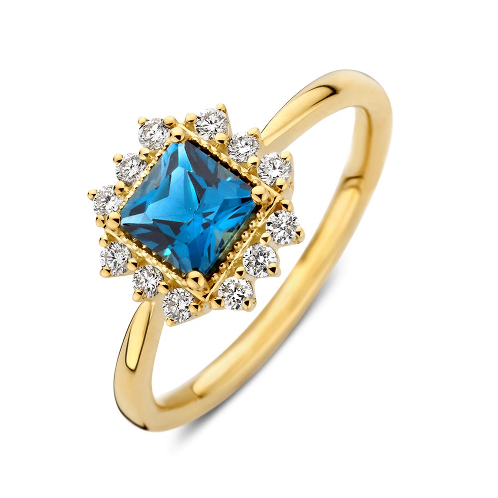 14 krt gouden Ring geelgoud london blue topaas + briljant