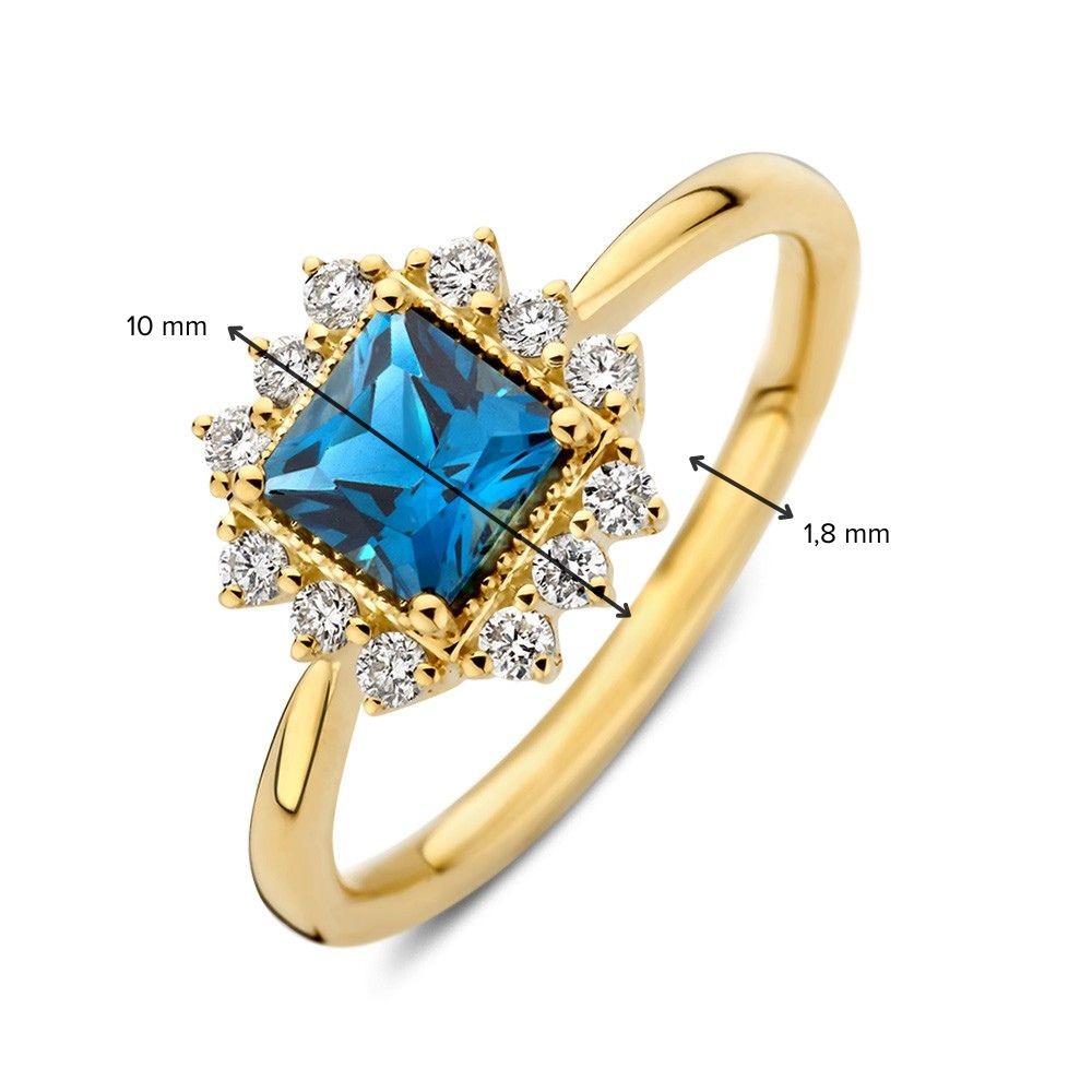 14 krt gouden Ring geelgoud london blue topaas + briljant - Afbeelding 3
