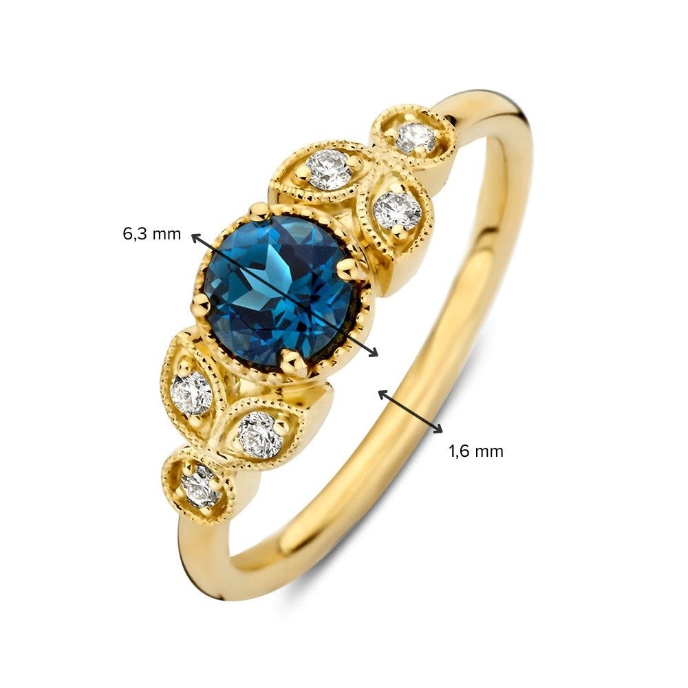 14 krt gouden Ring geelgoud london blue topaas + briljant - Afbeelding 3