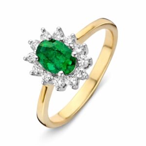 14 krt gouden Ring bicolor briljant + smaragd